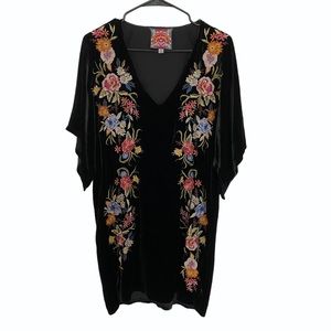 JOHNNY WAS Kimono Black Velvet Dress Embroidered
